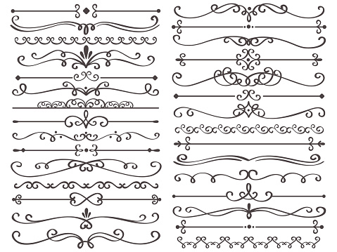 Decorative page divider. Vintage decor lines, luxury wedding frame line and ornate swirl dividers. Border frames, ornate swirls floral pages divider. Calligraphic isolated vector icons set