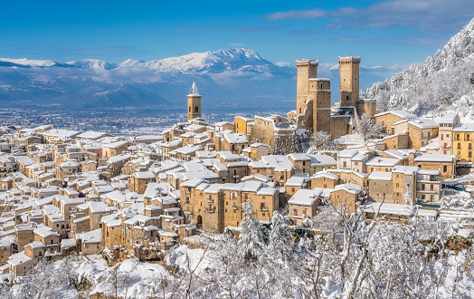 Panoramic view of Pacentro covered in snow during winter season. Abruzzo, Italy.