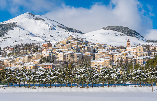 Rivisondoli covered in snow during witner season. Abruzzo, Italy.