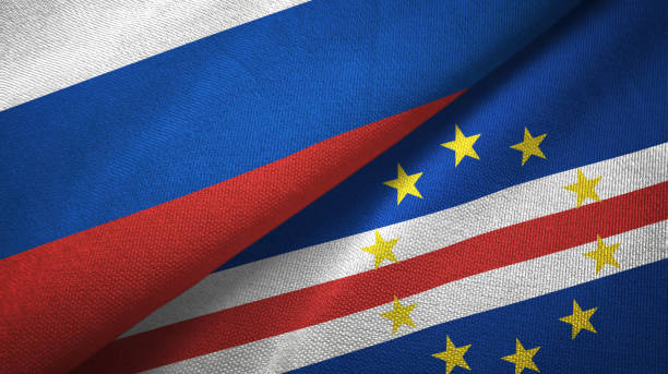 istock Cape Cabo Verde and Russia two flags together textile cloth, fabric texture 1096932354