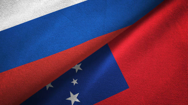 istock Samoa and Russia two flags together textile cloth, fabric texture 1096934474