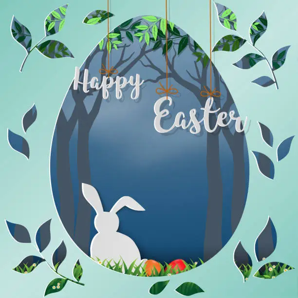 Vector illustration of Happy Easter with white rabbit in the forest,paper art in egg shape background