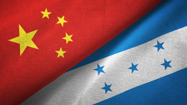 istock Honduras and China two flags together textile cloth, fabric texture 1096942264
