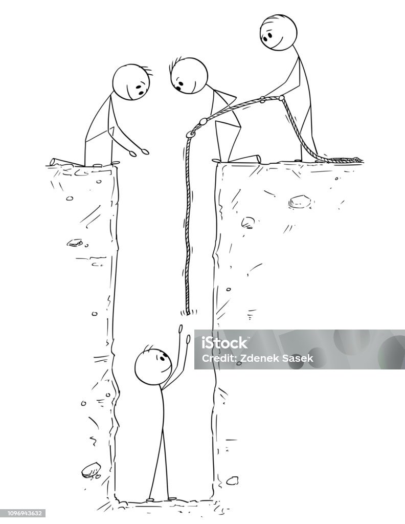 Cartoon of Man or Businessman Trapped in Deep Hole and Saved by Teammates or Coworkers Cartoon stick drawing conceptual illustration of man or businessman who fall and is trapped in deep hole and saved by rope by his coworkers or teammates . Concept of teamwork. Adult stock vector