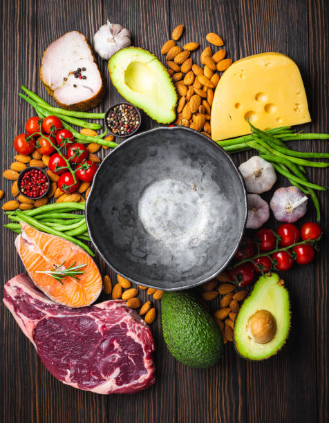 Keto diet foods Empty rustic bowl with low carbs ingredients for clean eating and weight loss, copy space, top view. Keto foods: meat, fish, avocado, cheese, vegetables, nuts. Ketogenic diet concept, healthy fats low quality of life stock pictures, royalty-free photos & images