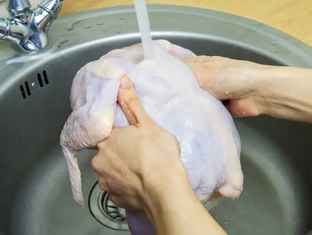 Photo of Woman washing fresh raw hen in kitchen sink. Cooking chicken at home. Close-up, selective focus.