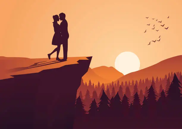 Vector illustration of couple hug together near cliff and close to a pine forest,silhouette style