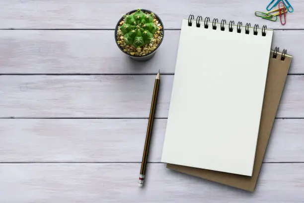 Notebook on white wooden table with a plant, paper clip and pencil. Blank notepad paper for input copy or text. Top view desk, flat lay white background concept.