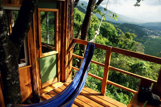 entspannende szene mit einer hängematte auf dem balkon ein baumhaus bietet einen schönen blick auf einen tropischen tal - baumhaus stock-fotos und bilder