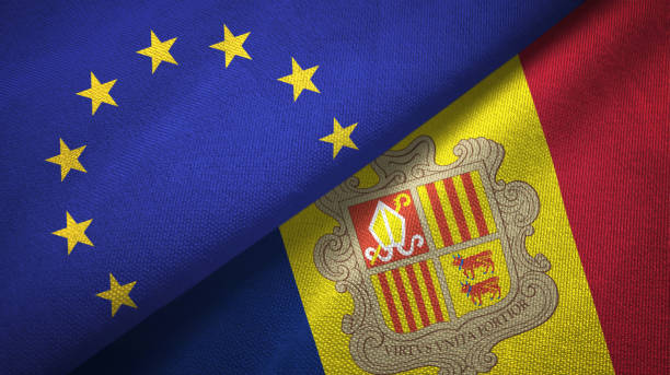 istock Andorra and European Union two flags together textile cloth, fabric texture 1096955116