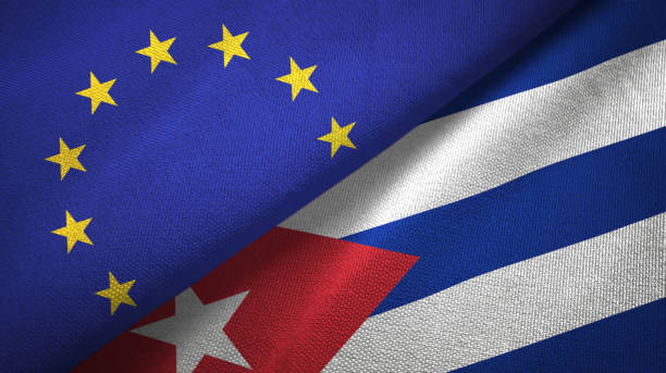 istock Cuba and European Union two flags together textile cloth, fabric texture 1096955342