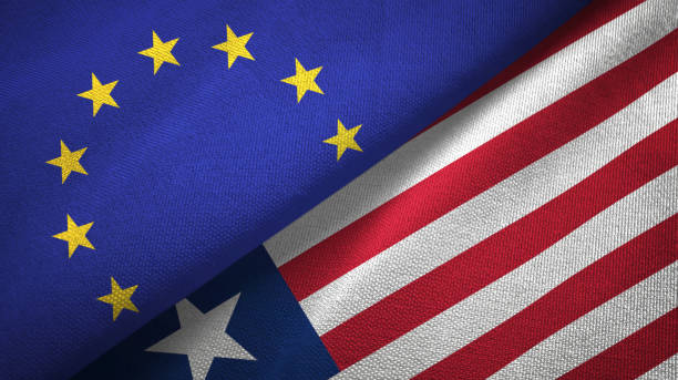 istock Liberia and European Union two flags together textile cloth, fabric texture 1096955822