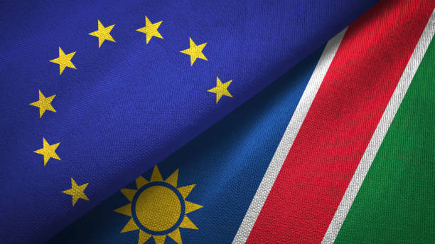 namibia y unión europea paño de textil juntos dos banderas, textura de la tela - namibia eu fotografías e imágenes de stock