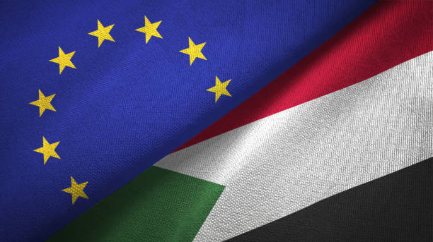 sudão e união europeia pano duas bandeiras de têxteis juntos, textura de tecido - republic of the sudan - fotografias e filmes do acervo