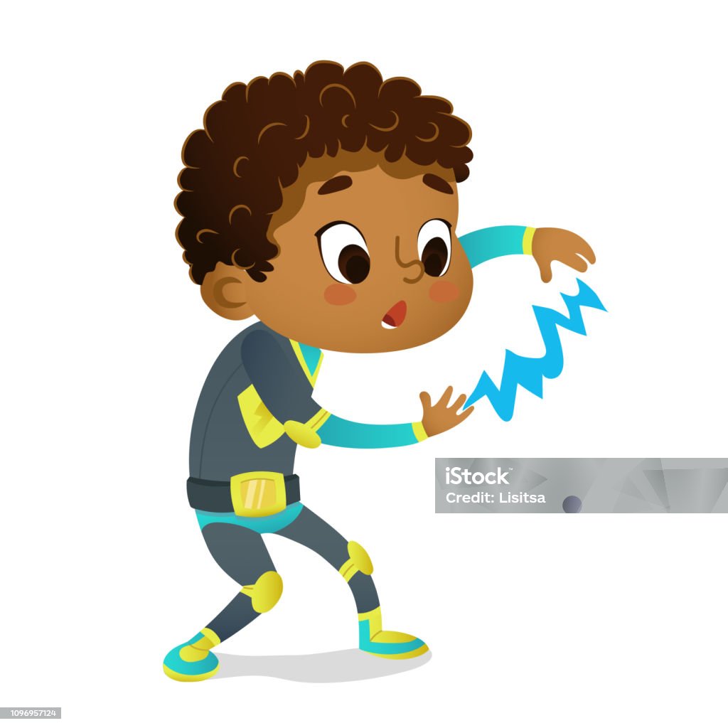 Surprised African-American Boy wearing colorful costume of superhero playing with lightning, isolated on white background. Cartoon vector characters of Kid Superheroes, party, invitations, web, mascot Surprised African-American Boy wearing colorful costume of superhero playing with lightning, isolated on white background. Cartoon vector characters of Kid Superheroes, party, invitations,mascot Child stock vector