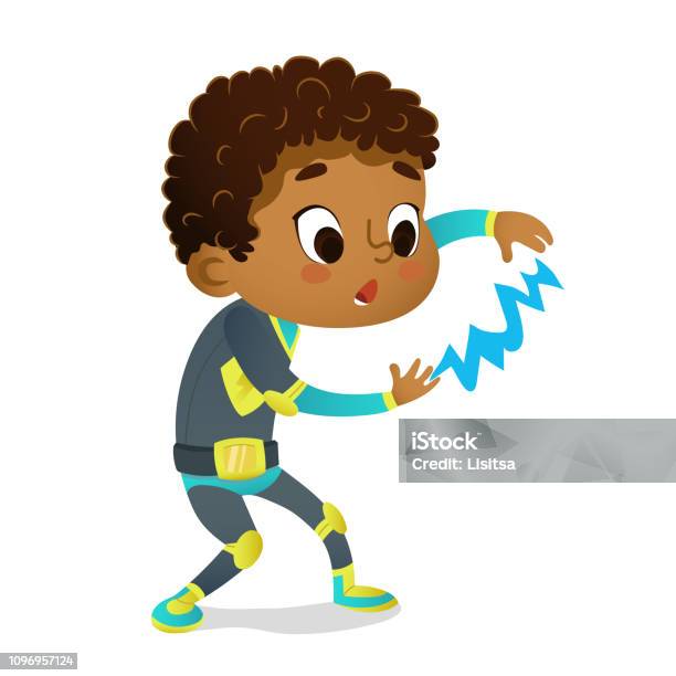 Surprised Africanamerican Boy Wearing Colorful Costume Of Superhero Playing With Lightning Isolated On White Background Cartoon Vector Characters Of Kid Superheroes Party Invitations Web Mascot Stock Illustration - Download Image Now