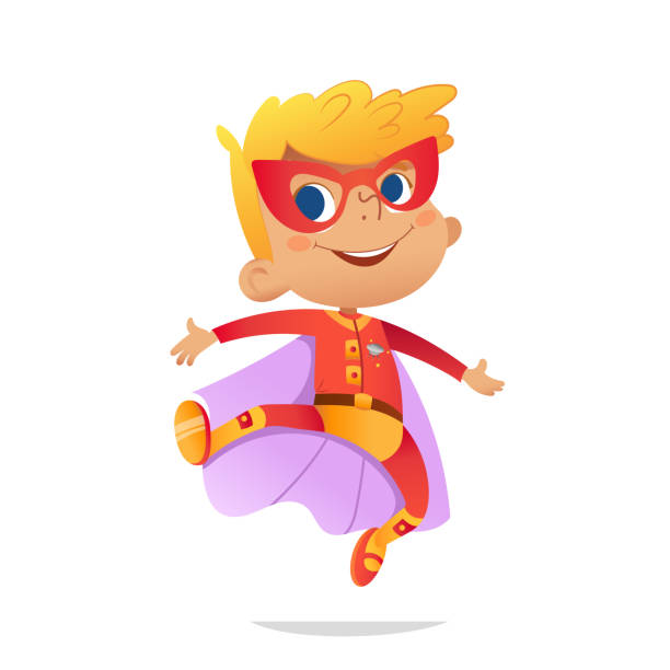 ilustrações de stock, clip art, desenhos animados e ícones de dancing boy wearing colorful costume of superheroe, isolated on white background. cartoon vector characters of kid superheroes, for party, invitations, web, mascot - super baby