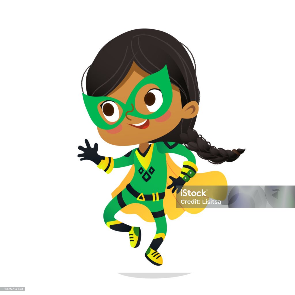 Dancing Africanamerican Girl Wearing Colorful Costume Of Superheroe  Isolated On White Background Cartoon Vector Characters Of Kid Superheroes  For Party Invitations Web Mascot Stock Illustration - Download Image Now -  iStock