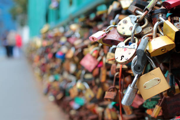 istock Many wedding locks on the bridge in Prague. Beautiful wedding background. Background for wedding photo books. 1096958842