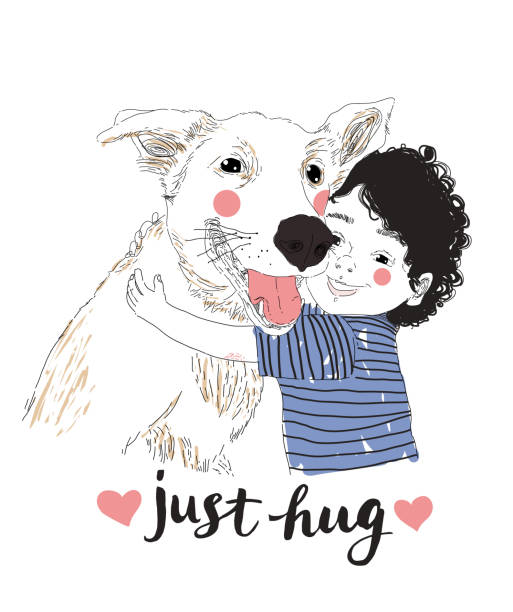 cute little boy przytulanie jego przyjaciel duży pies. prawdziwy koncert przyjaźni. noszenie zwierząt domowych koncepcji. może być używany do nadruku koszulek, dzieci noszą modę, kartę zaproszenia na baby shower. wystarczy przytulić napis - dog baby t shirt child stock illustrations