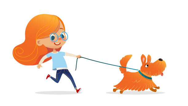 lustige kleine mädchen mit roten haaren und brille, die welpen an der leine gehen. amüsante rothaarige kind und hund isoliert auf weißem hintergrund. kind tierbesitzer auf promenade. flache cartoon bunten vektor-illustration. - walking girl stock-grafiken, -clipart, -cartoons und -symbole