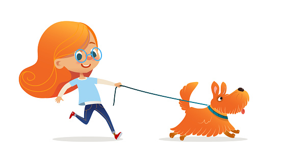Funny little girl with red hair and glasses walking puppy on leash. Amusing redhead kid and dog isolated on white background. Child pet owner on promenade. Flat cartoon colorful vector illustration