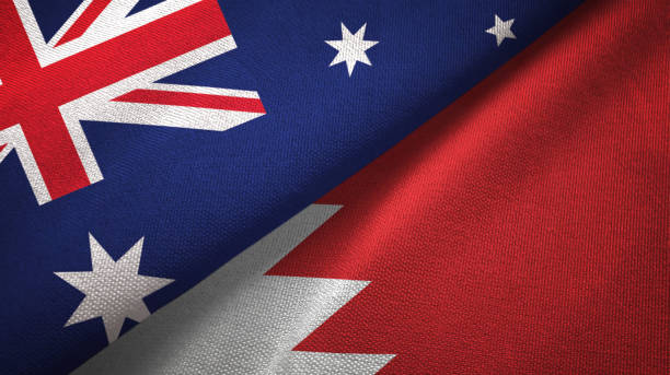 istock Bahrain and Australia two flags together textile cloth, fabric texture 1096960850