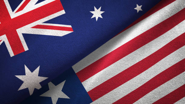 istock Liberia and Australia two flags together textile cloth, fabric texture 1096963940