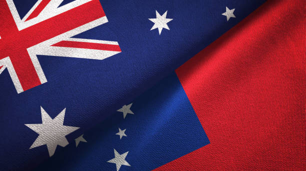istock Samoa and Australia two flags together textile cloth, fabric texture 1096964232