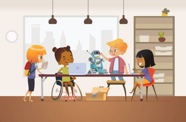 Disabled African American girl in wheelchair and other children standing around desk with laptops and robot and working on school project for programming lesson. Concept of inclusion at school. Disabled African American girl in wheelchair and other children standing around desk with laptops and robot and working on school project for programming lesson. Concept of inclusion at school girls coding stock illustrations