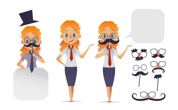 Cute girl character with glasses, various shape mustaches, and hat. Mustache constructor. Movember character. Vector illustration. Isolated Cute girl character with glasses, various shape mustaches, and hat. Mustache constructor. Movember character women movember mustache facial hair stock illustrations