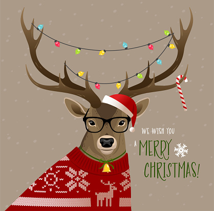 Christmas deer wearing glasses, red sweater and Christmas lights on horns.
