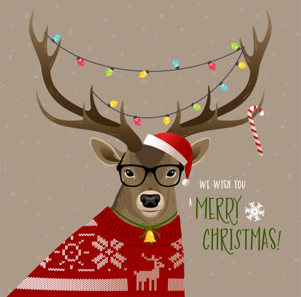 Christmas deer Christmas deer wearing glasses, red sweater and Christmas lights on horns. red spectacles stock illustrations