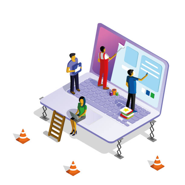 Isometric illustration with a laptop, men and women working on web design. Isometric illustration with a laptop, men and women working on web design. web design stock illustrations