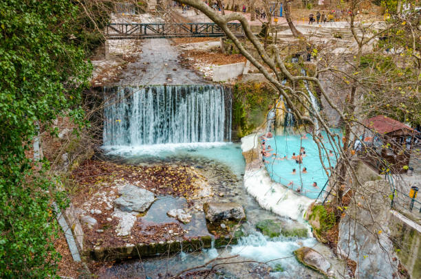 Edessa Greece, Thermal baths and hot springs in Loutra Pozar near Loutraki.Pella Macedonia stock photo