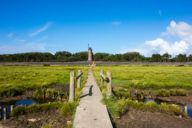 Lighthouse in Sankt Peter Ording with footbridge, Schleswig-Holstein, Germany