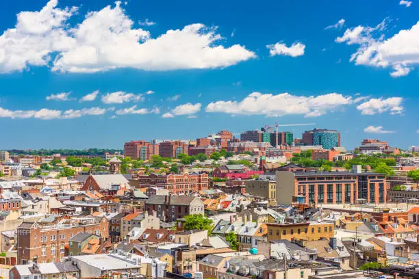 Baltimore, Maryland, USA cityscape overlooking little italy and neighborhoods.