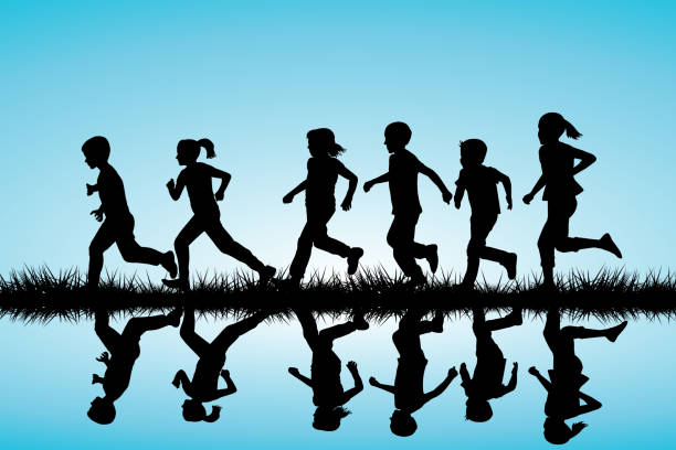 ilustrações de stock, clip art, desenhos animados e ícones de children silhouettes running outdoor - child running sport sports race