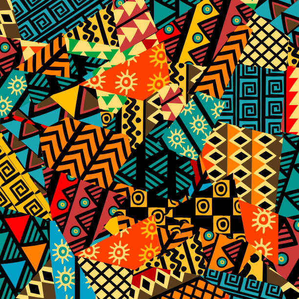 ilustraciones, imágenes clip art, dibujos animados e iconos de stock de fondo coloreado mosaico africano con motivos africanos - dibujos de aztecas