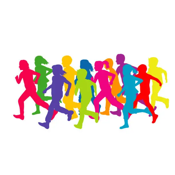 Vector illustration of Colored silhouettes of running children