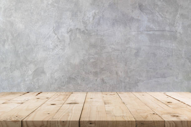 Empty wooden table and  concrete  wall texture and background with copy space, display montage for product.