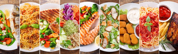 collage di piatti di cibo, vista dall'alto - cibo immagine foto e immagini stock