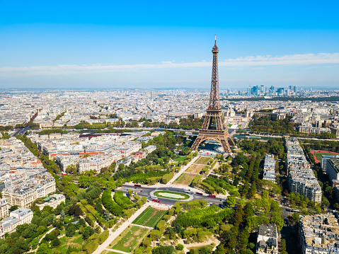 Eiffel Tower or Tour Eiffel aerial view, is a wrought iron lattice tower on the Champ de Mars in Paris, France