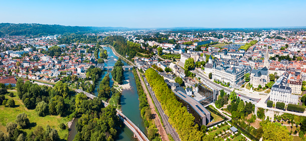 Pau aerial panoramic view. Pau is a city, commune and capital of Pyrenees Atlantiques in Nouvelle Aquitaine region, France