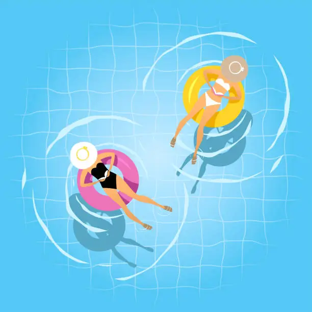 Vector illustration of Two women swimming on the inflatable ring