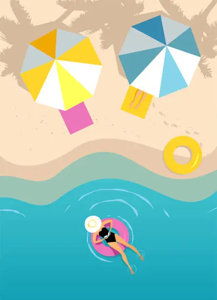 Vector illustration of Women swimming on the inflatable ring