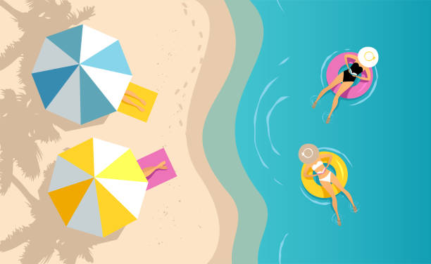 stockillustraties, clipart, cartoons en iconen met vrouwen zwemmen op de opblaasbare ring - sunbathing