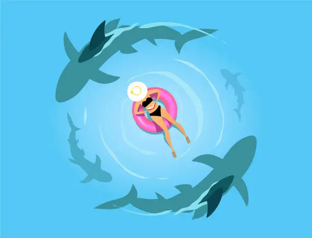 Vector illustration of Woman on the inflatable ring with sharks