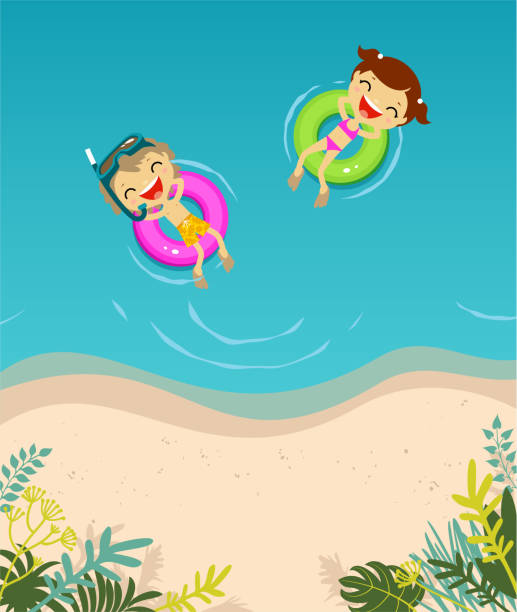 ilustraciones, imágenes clip art, dibujos animados e iconos de stock de dos niños en el mar - early teens child swimming pool swimming