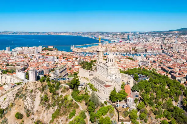 Notre Dame de la Garde or Our Lady of the Guard aerial view, it is a catholic church in Marseille city in France